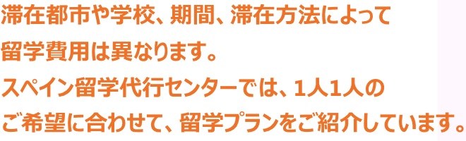 滞在都市や学校、期間、滞在方法によって、留学費用は異なります。e留学スペインでは、1人1人のご希望に合わせて、留学プランをご紹介しています。