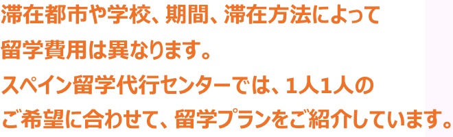 滞在都市や学校、期間、滞在方法によって、留学費用は異なります。スペイン留学代行センターでは、1人1人のご希望に合わせて、留学プランをご紹介しています。